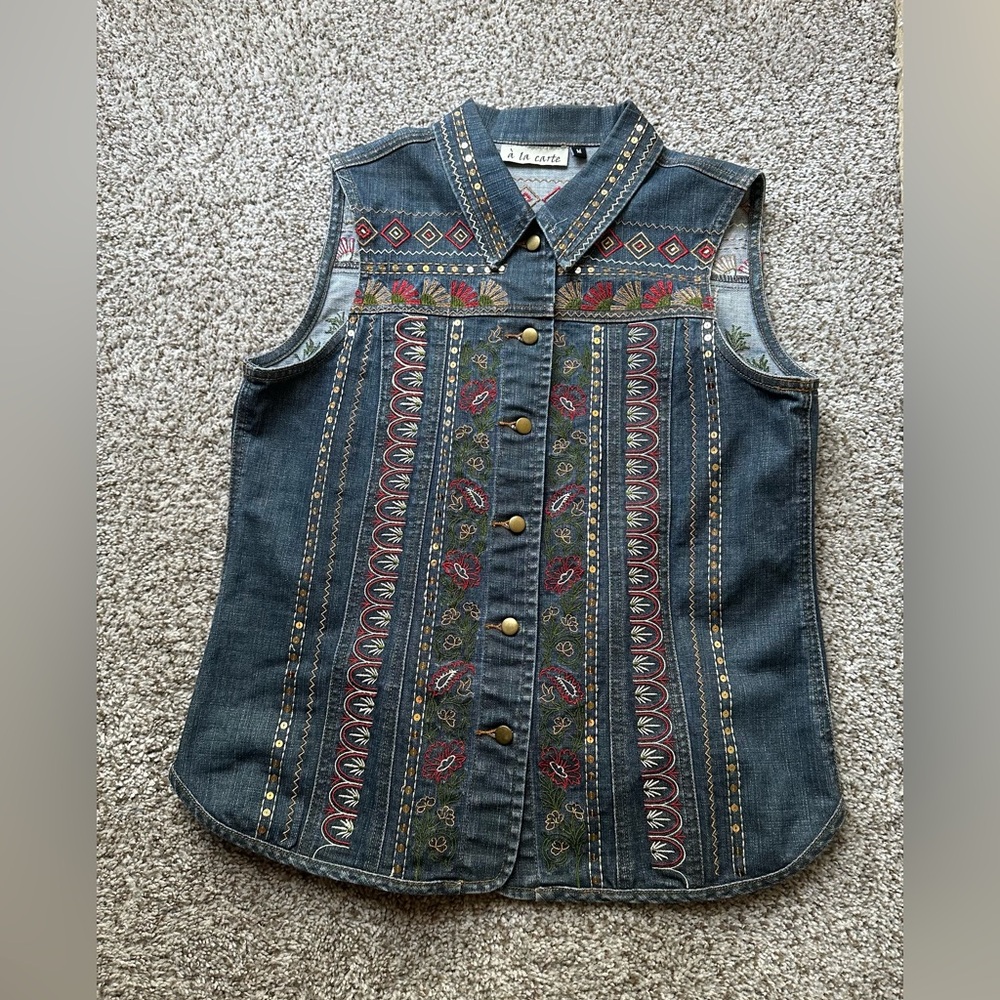Embroidered Denim  Floral Vest with Brass Buttons